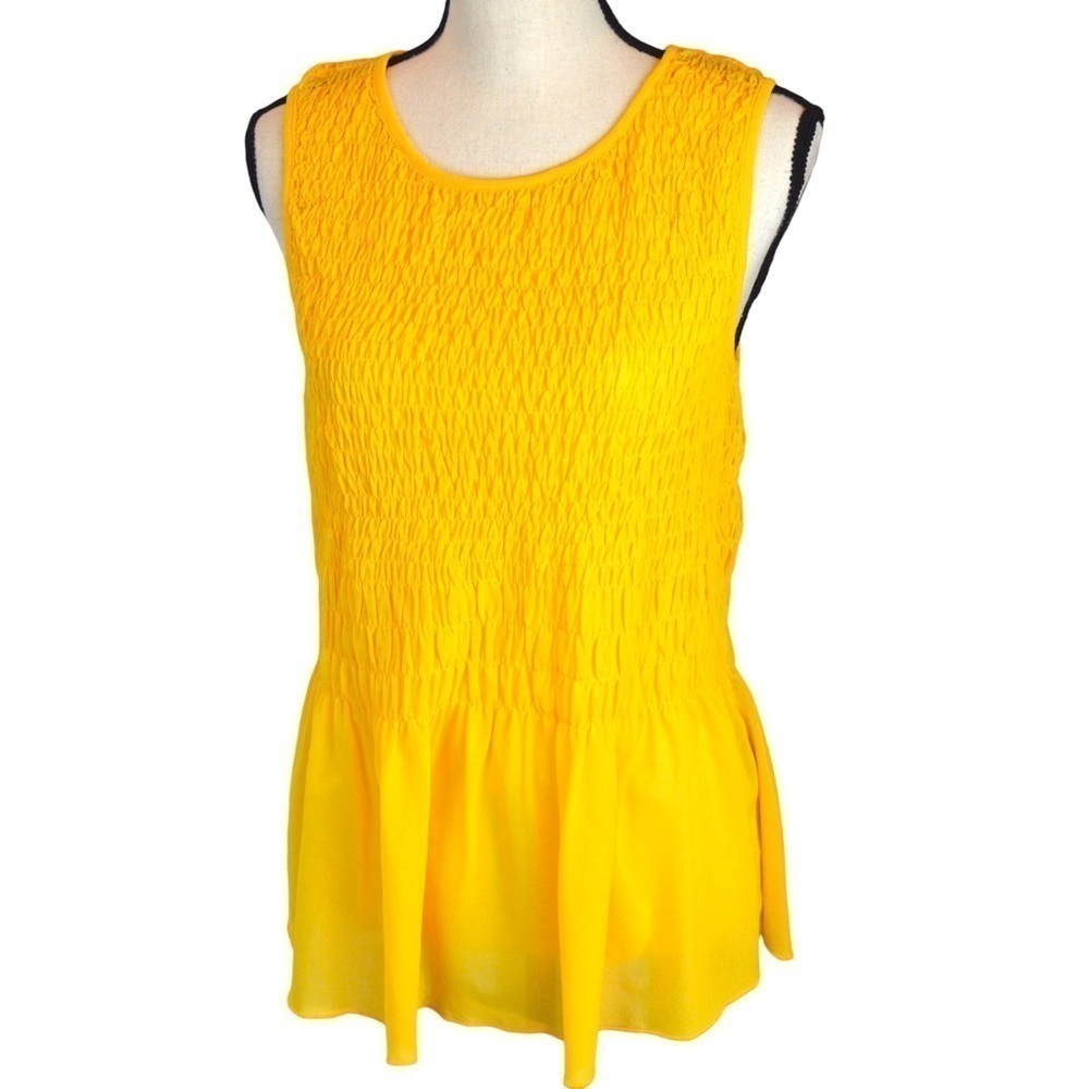 HINGE Smocked Bodice Sleeveless‎ Peplum Hem Marigold Yellow Blouse Size Large